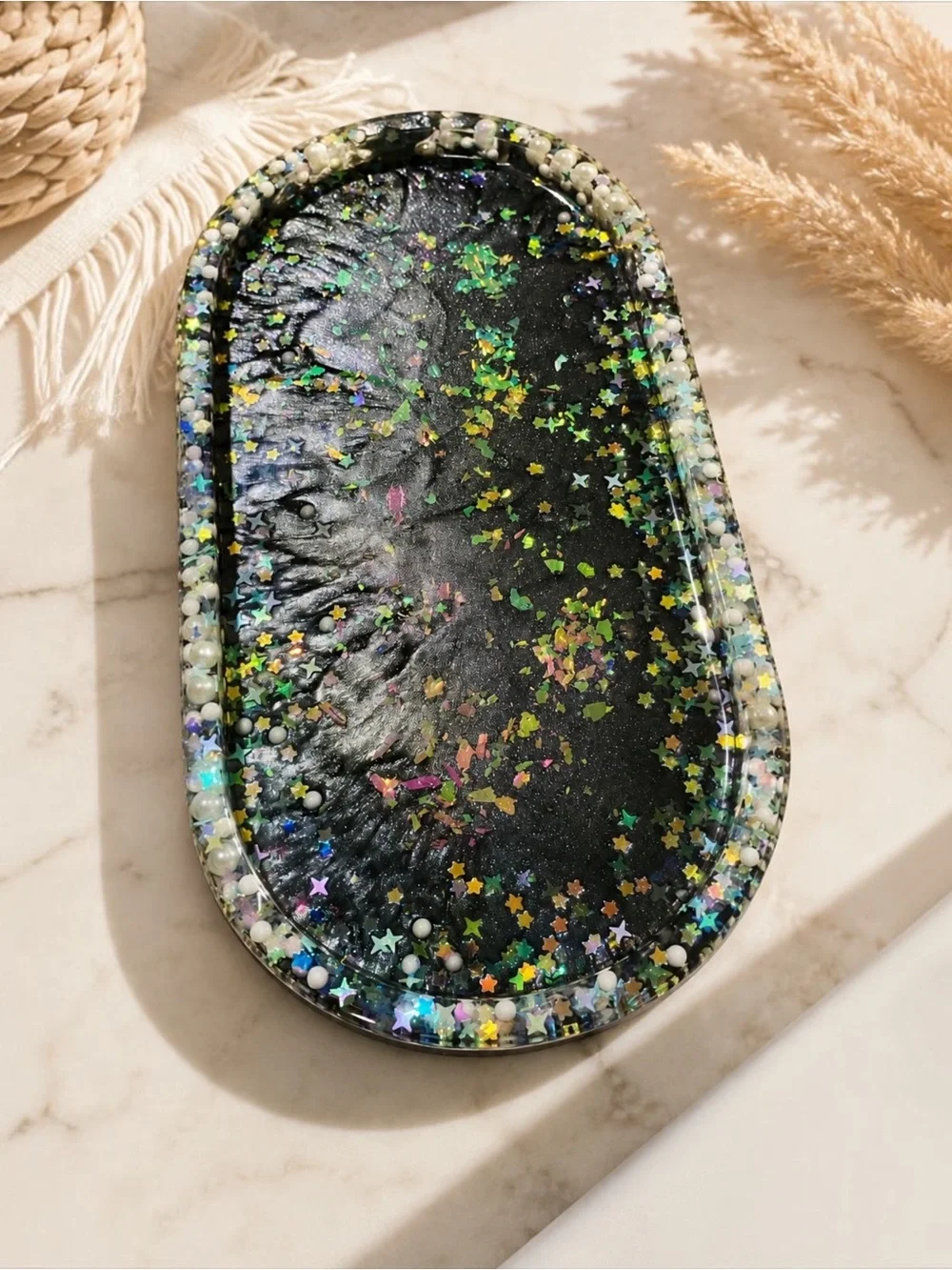 Handcrafted Black Glitter Resin Decorative Tray - Home Accents Decor